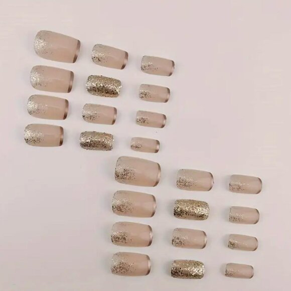 New 24pc Pink Glitter & Gold Lined False Glossy Mid-Length Nails - Picture 3 of 7